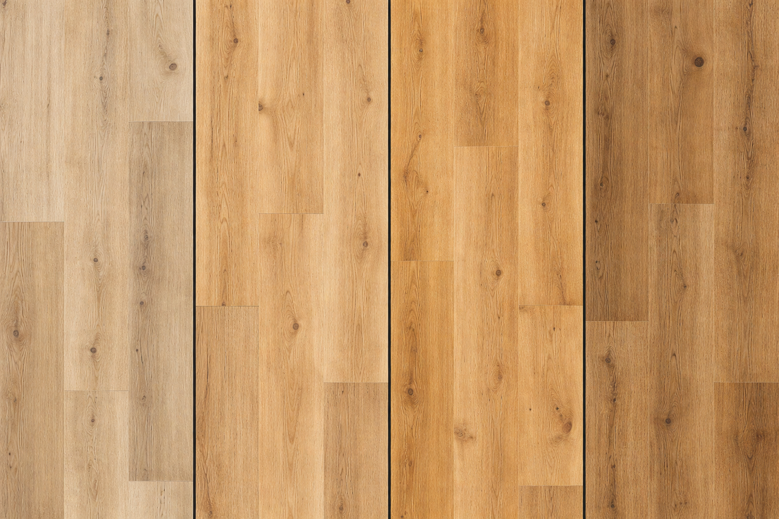 Four vertical panels of luxury vinyl plank flooring shown side by side, separated by thin black lines, displaying 2026 trending colors including light coastal oak, natural blonde wood, soft honey tones, and warm mid-tone oak, each featuring realistic wood