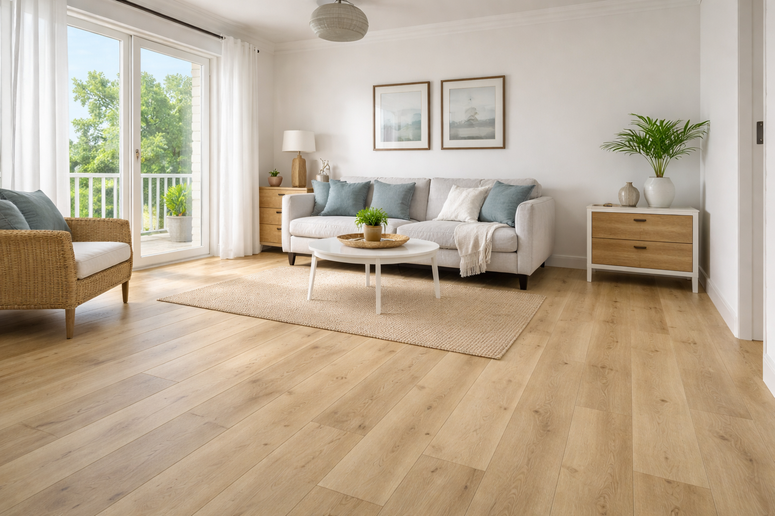 Light oak vinyl plank flooring in a bright coastal living room with natural sunlight, neutral furnishings, and a relaxed, modern design suited for coastal homes.