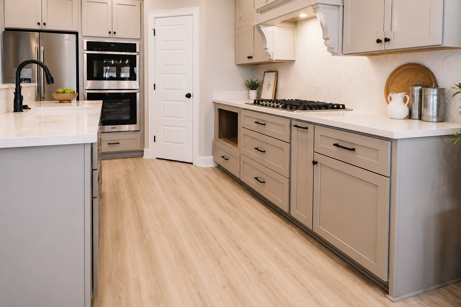 Light natural oak luxury vinyl plank flooring in a bright modern kitchen with beige shaker cabinets, white quartz countertops, stainless steel appliances, black hardware, and warm neutral finishes designed for durability and everyday living.