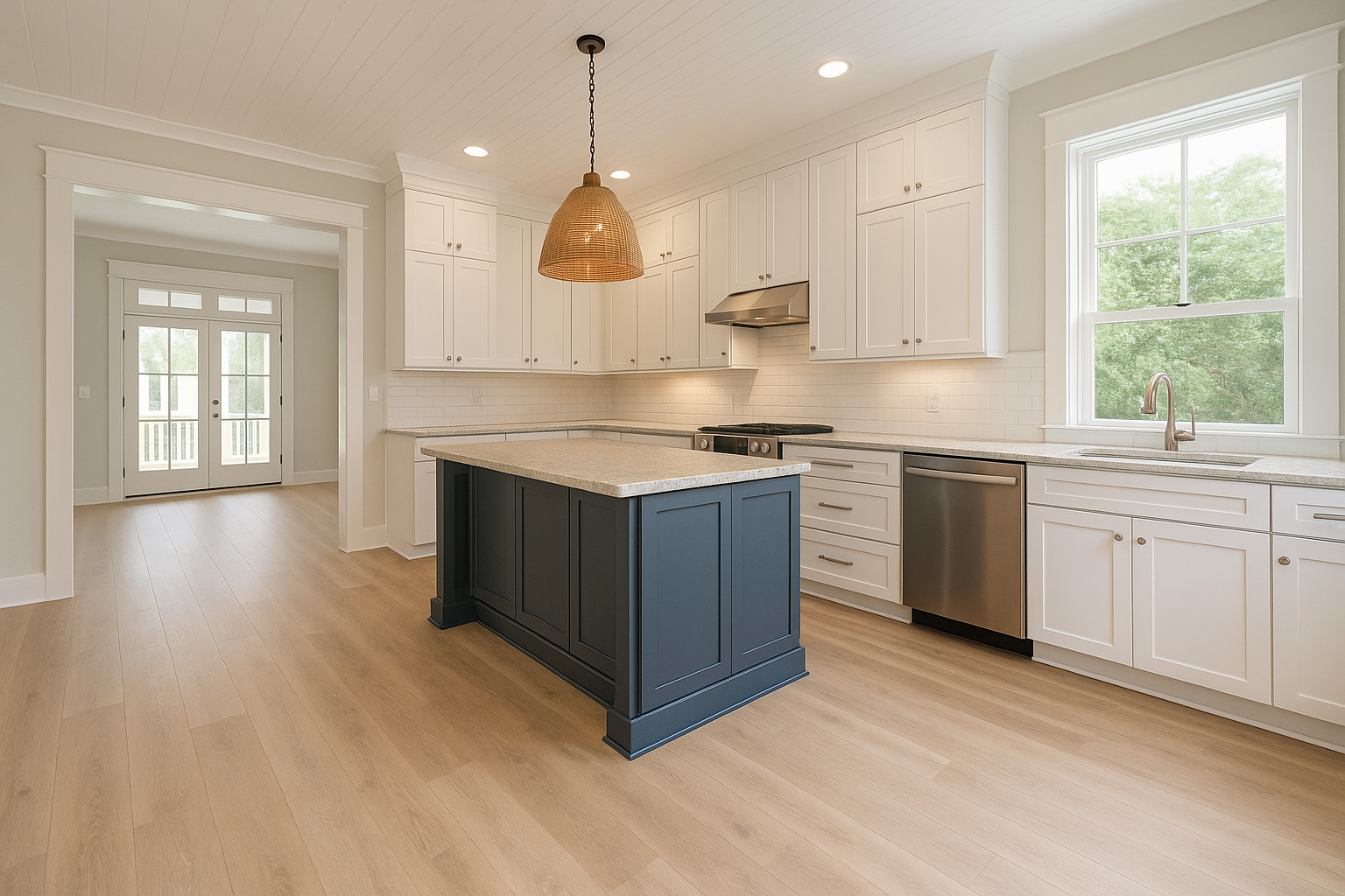 A bright, coastal-style Gulf Coast kitchen featuring light oak luxury vinyl plank flooring that flows seamlessly into an open dining space. The cabinetry includes a combination of white shaker-style upper cabinets and navy blue base cabinets with brushed 