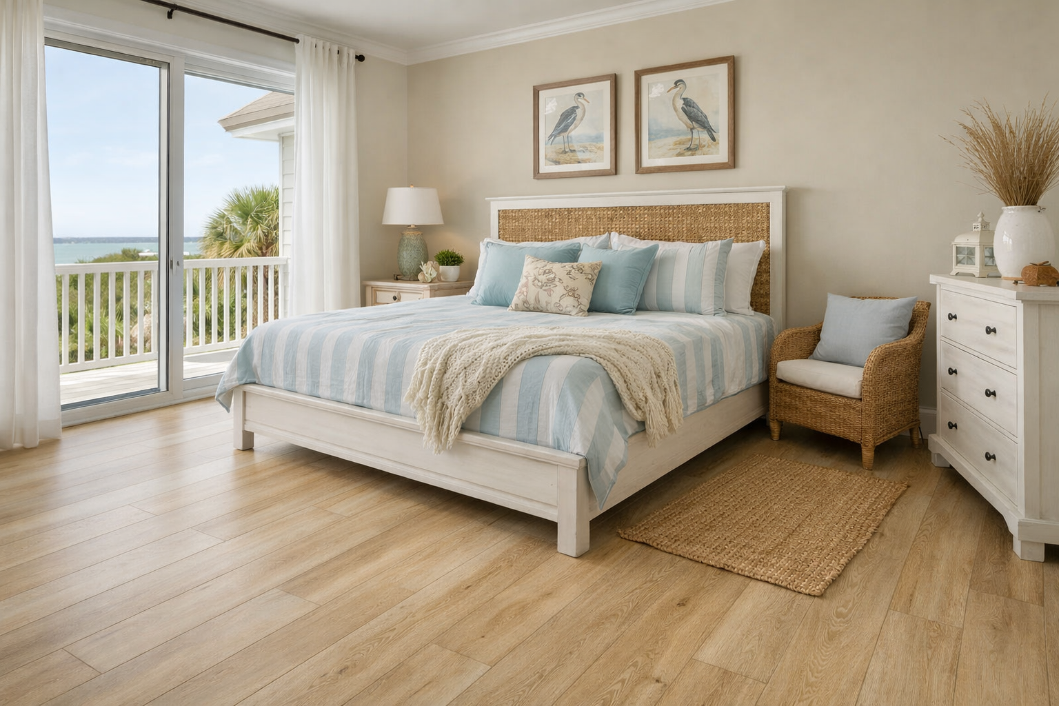 Light coastal oak vinyl plank flooring in a bright coastal bedroom in a Milton, Florida home, designed for durability and moisture resistance in coastal climates.